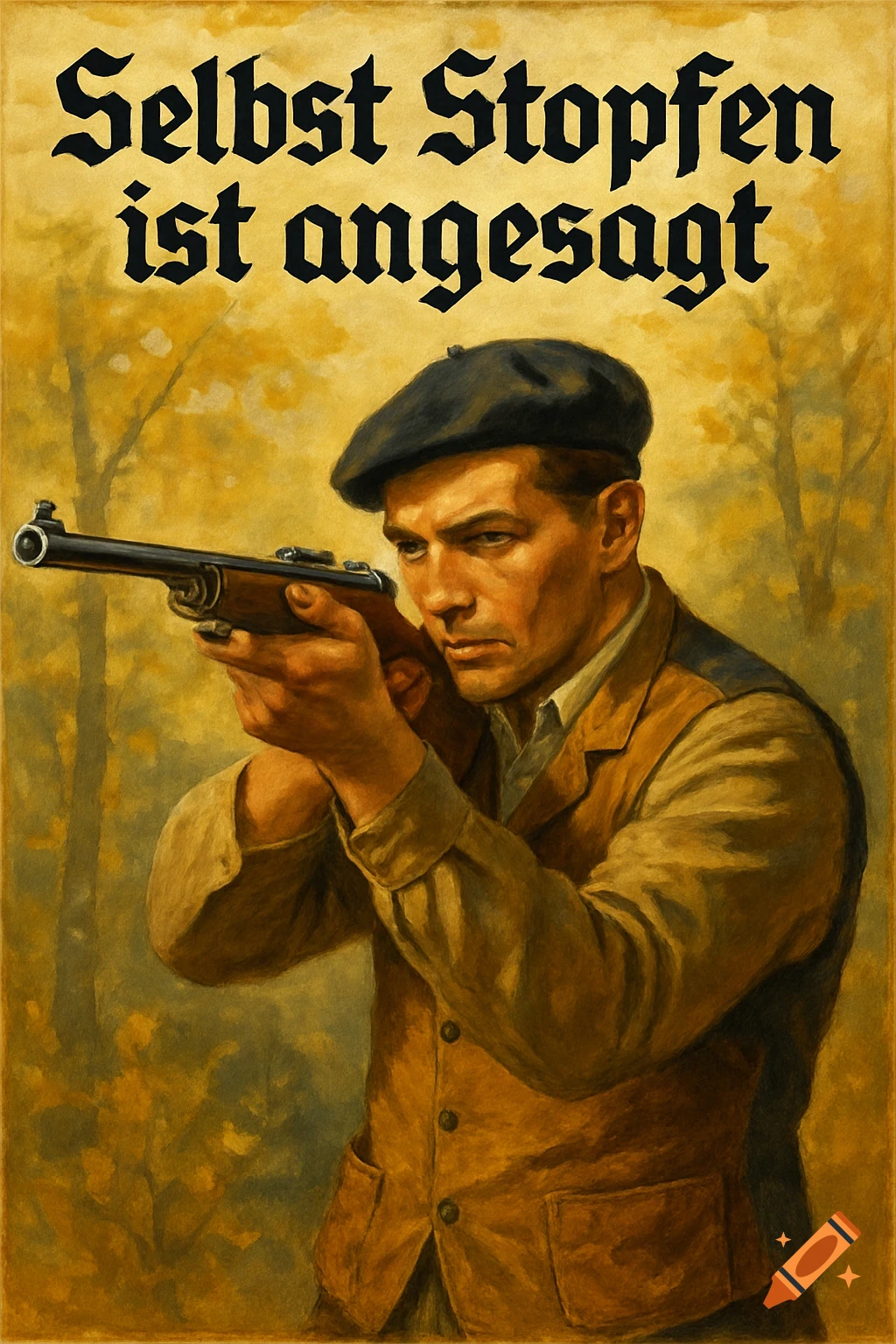 A man in a beret aims a rifle outdoors, in a vintage painted style. Text reads 'Selbst Stopfen ist angesagt'.