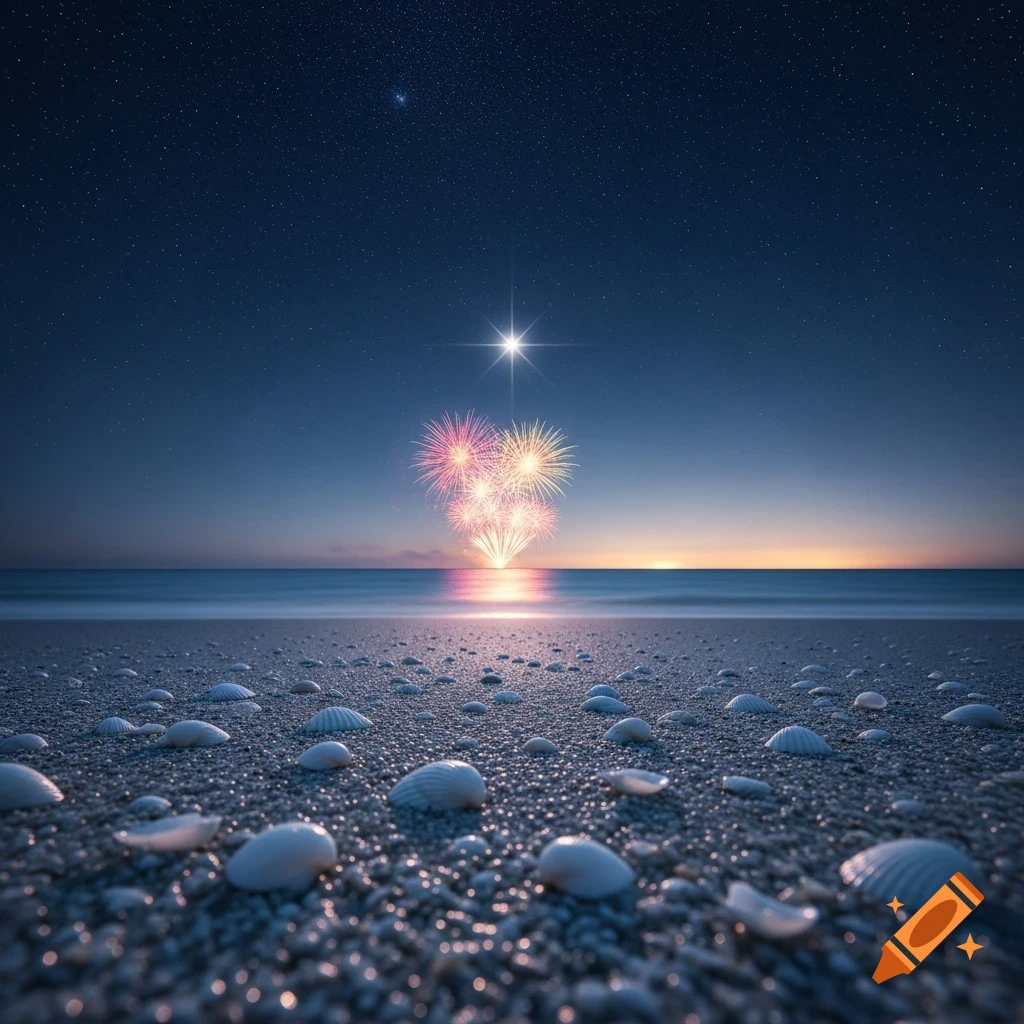 Photorealistic image of a starry night sky over a beach covered in seashells, reflecting colorful fireworks over the ocean at sunset.