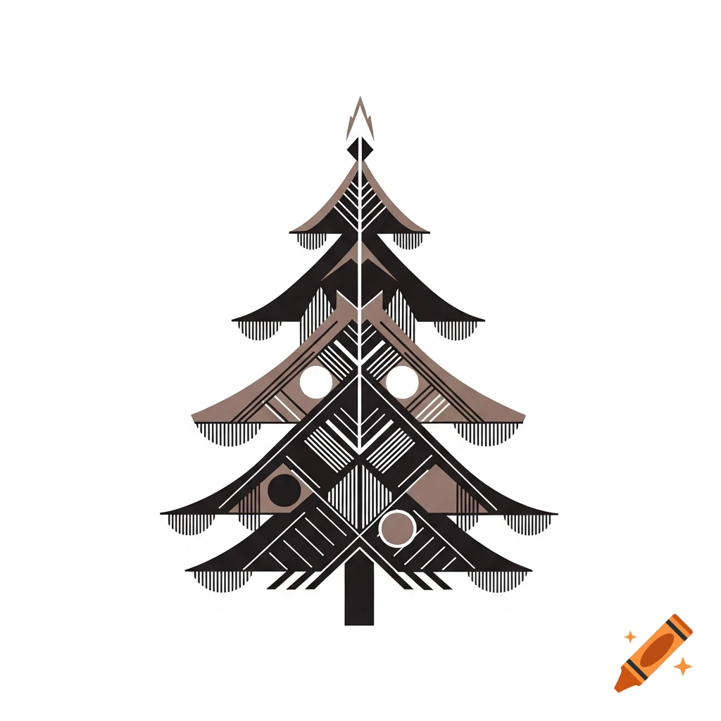 Stylized geometric Christmas tree in black and brown on a white background, reminiscent of Wiener Werkstätten art.