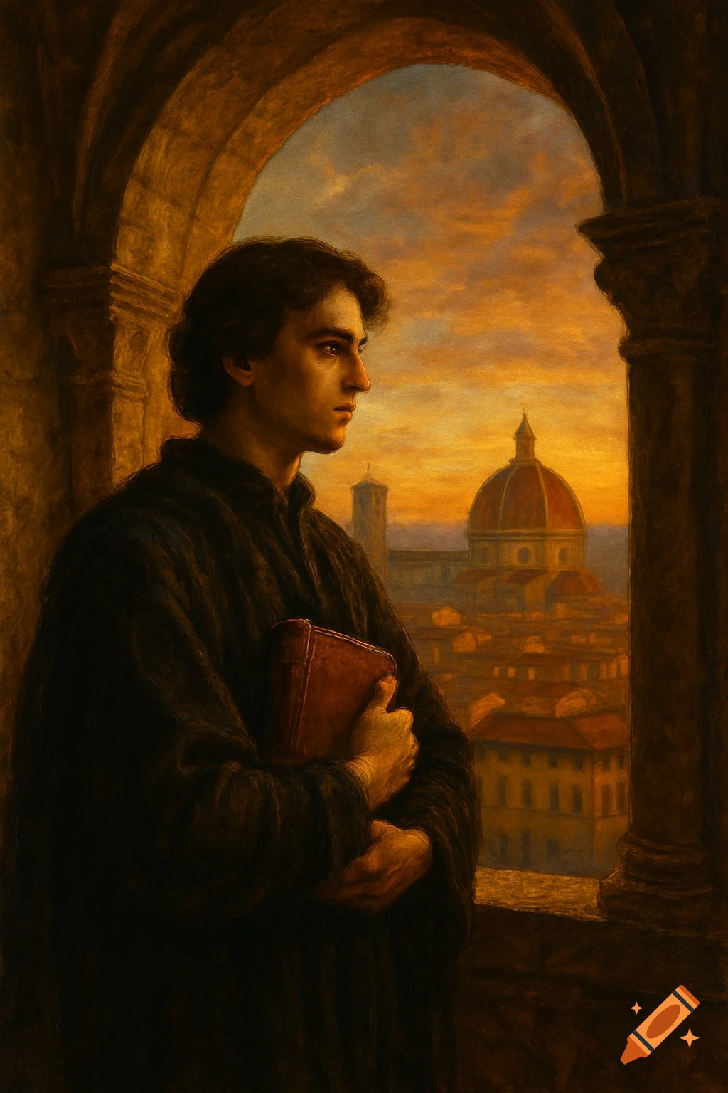 A contemplative young man in a dark cloak holds a book, gazing at the golden Florence cityscape with Il Duomo at sunset.