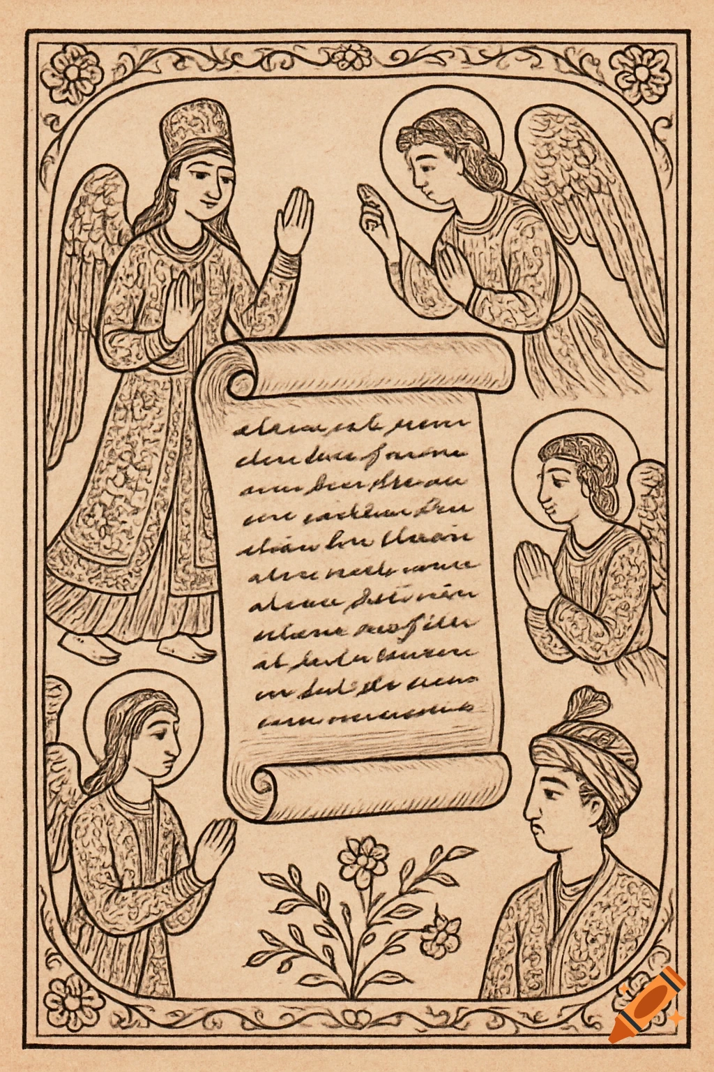 A traditional Persian lithograph-style illustration depicting two large angelic figures and two smaller ones surrounding a scroll with illegible English writing.