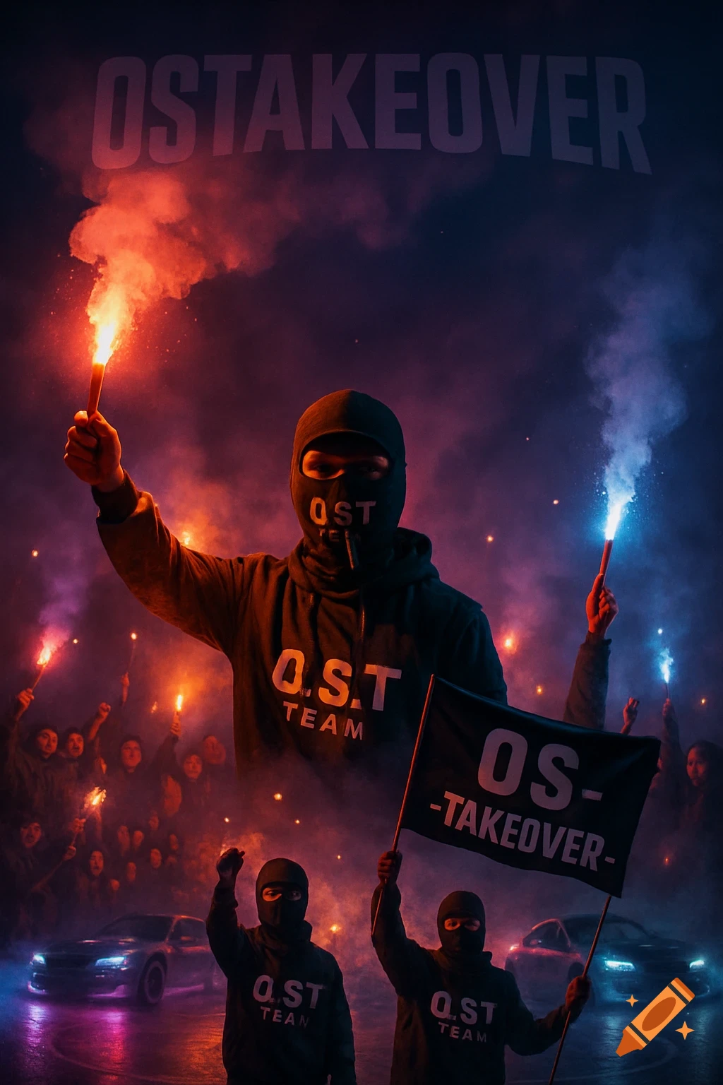 People in balaclavas hold flares and a flag with "OS -TAKEOVER-" in a misty night scene with cars and a crowd, photorealistic.
