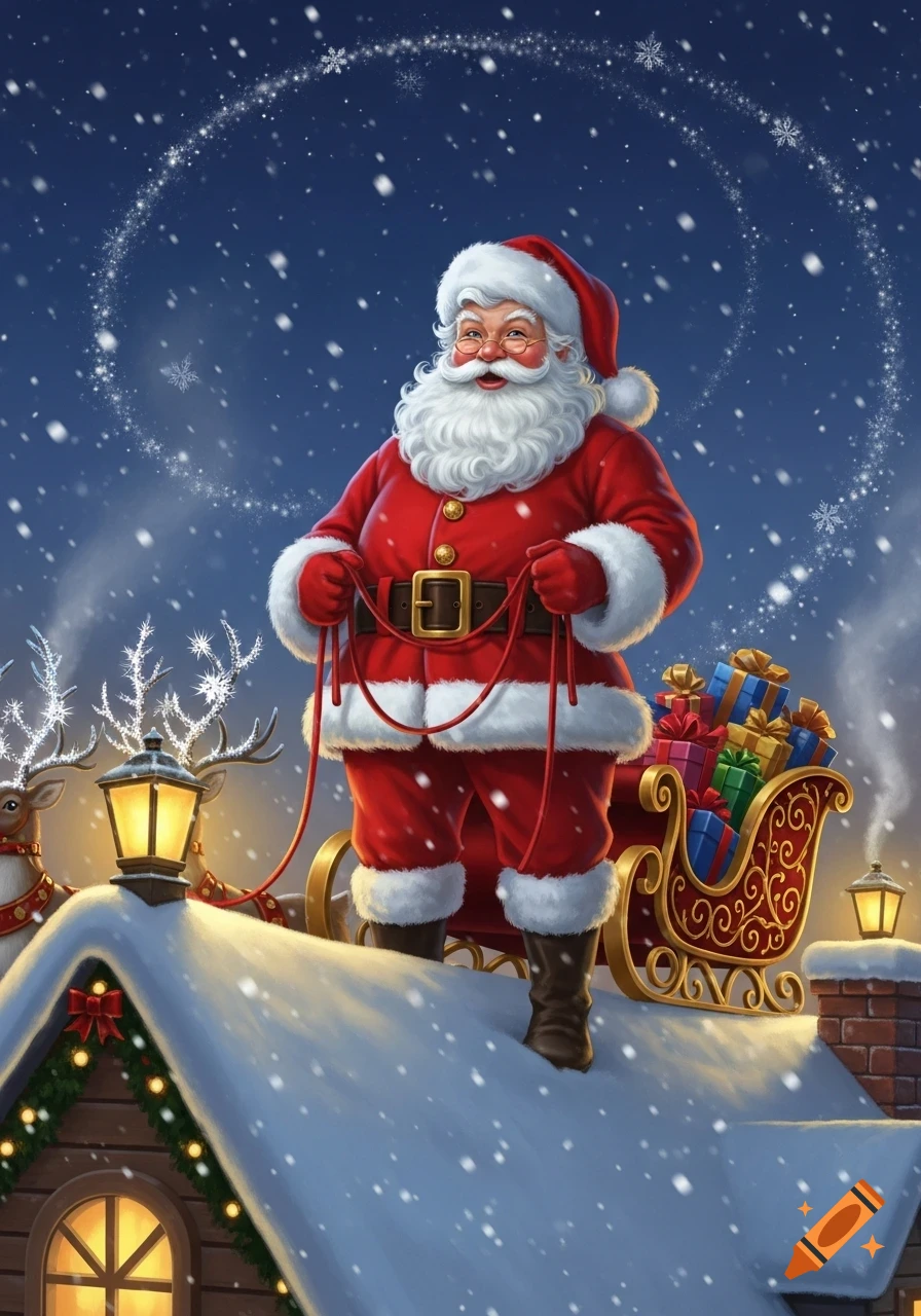 Santa Claus stands on a snowy rooftop with his reindeer and a sleigh full of presents under a starlit night.