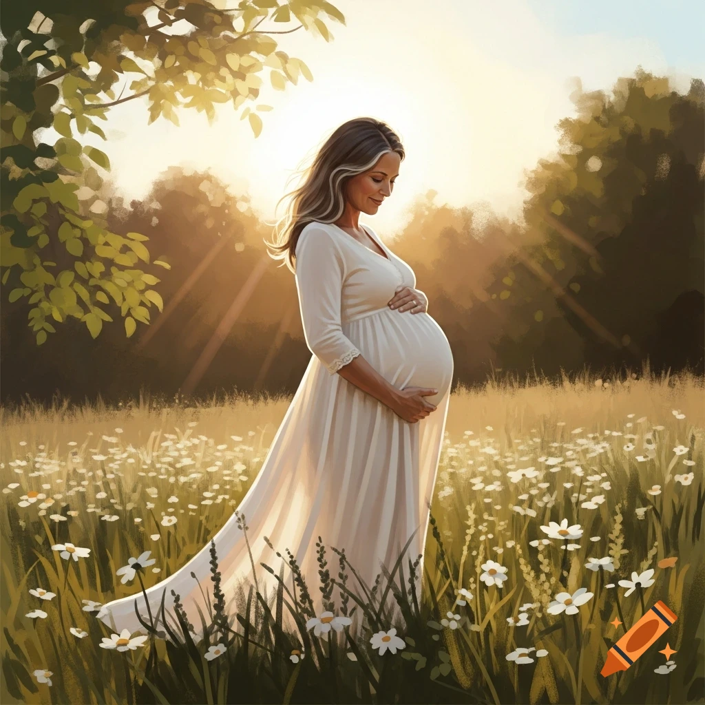 A pregnant woman in a white dress stands in a sunny field of white flowers, gently holding her belly, in a painterly style.