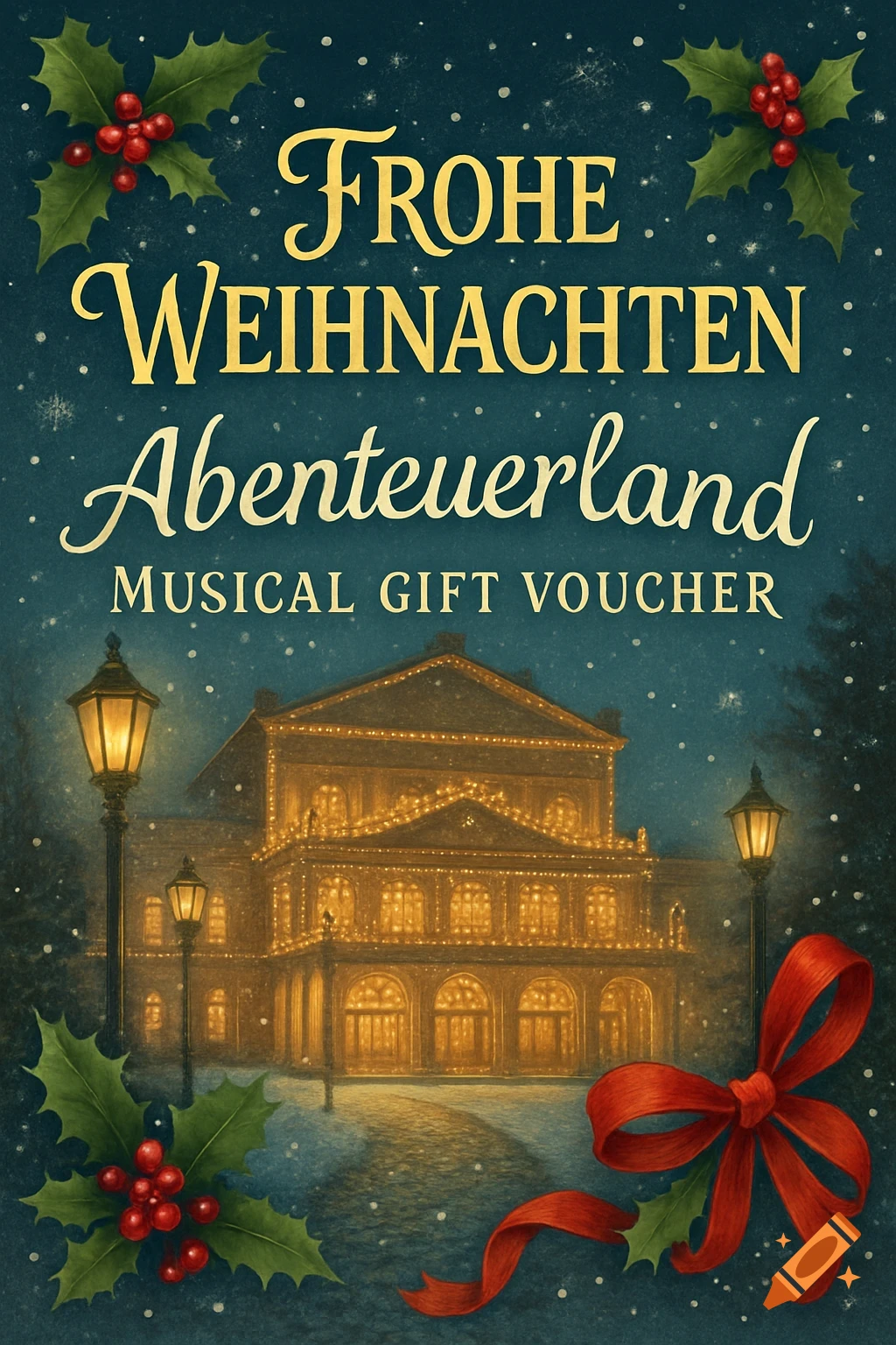 A festive Christmas voucher design featuring a grand, illuminated theater building in a snowy landscape, surrounded by lampposts. Holly berries and a red ribbon decorate the corners, with text "FROHE WEIHNACHTEN Abenteuerland MUSICAL GIFT VOUCHER" at the top.