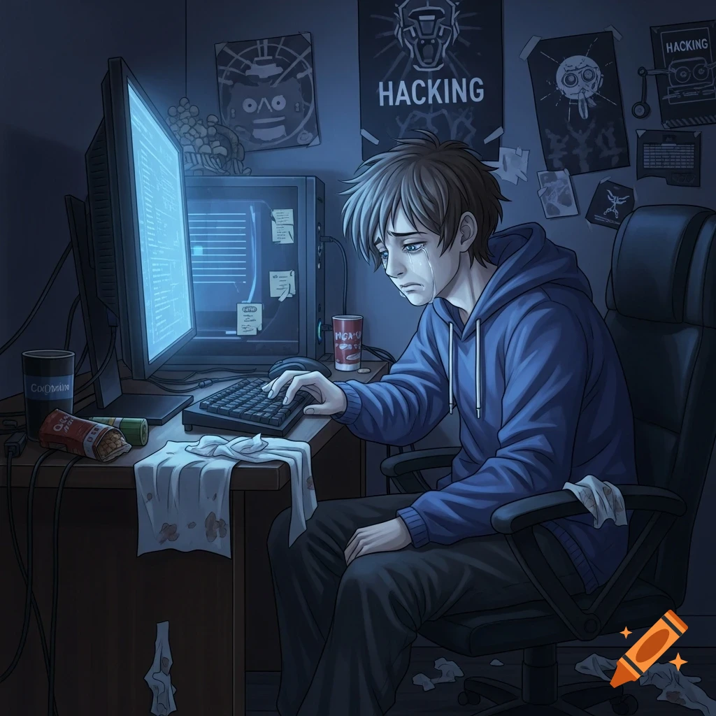 An anime-style crying teen in a blue hoodie sits at a computer desk, surrounded by tissues, snacks, and "HACKING" posters.