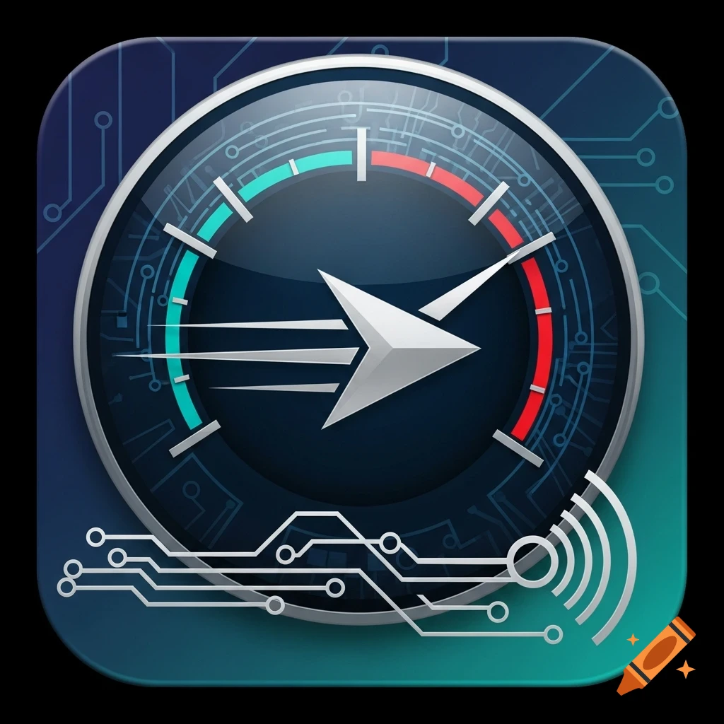 Stylized Android app icon featuring a dark blue speedometer gauge with a white arrow, circuit board patterns, and signal waves.