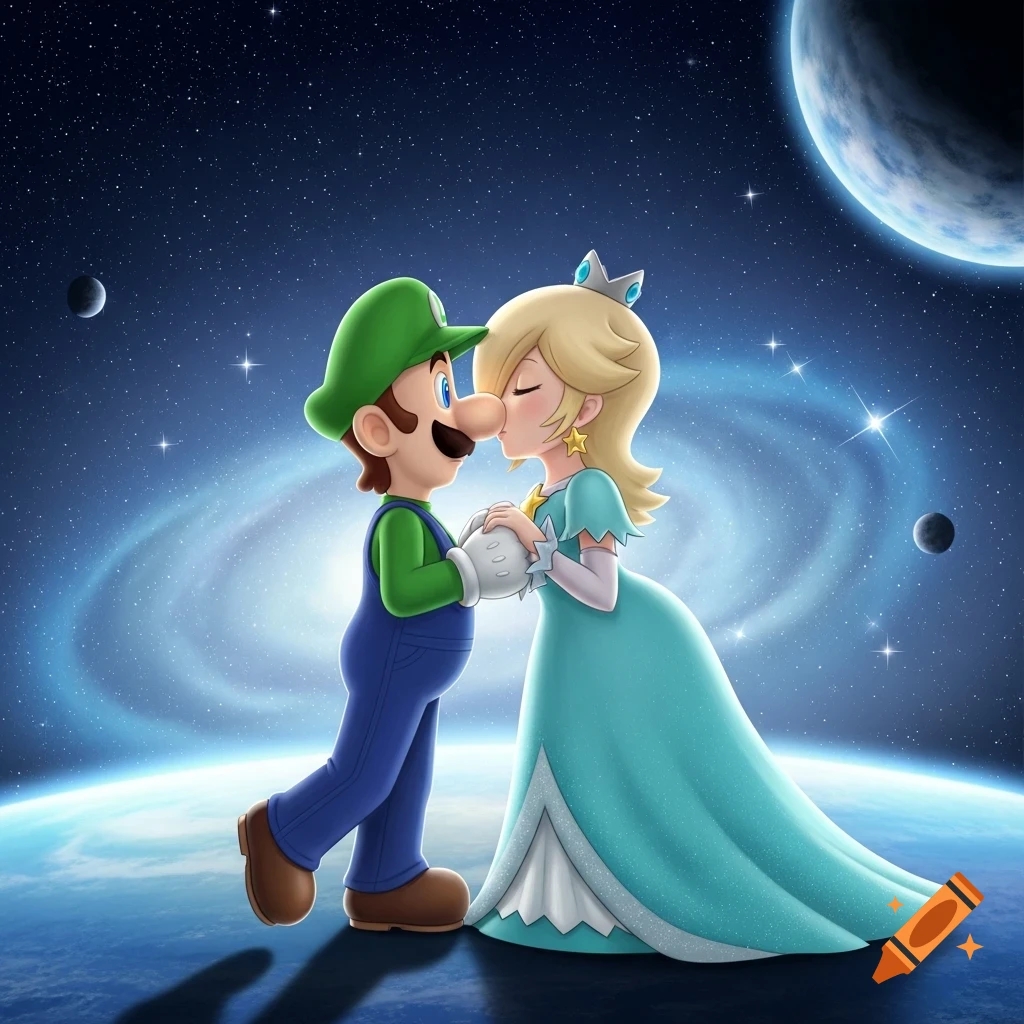 Luigi and Rosalina kiss and hold hands while standing on a planet in outer space, with a galaxy and other planets in the background.