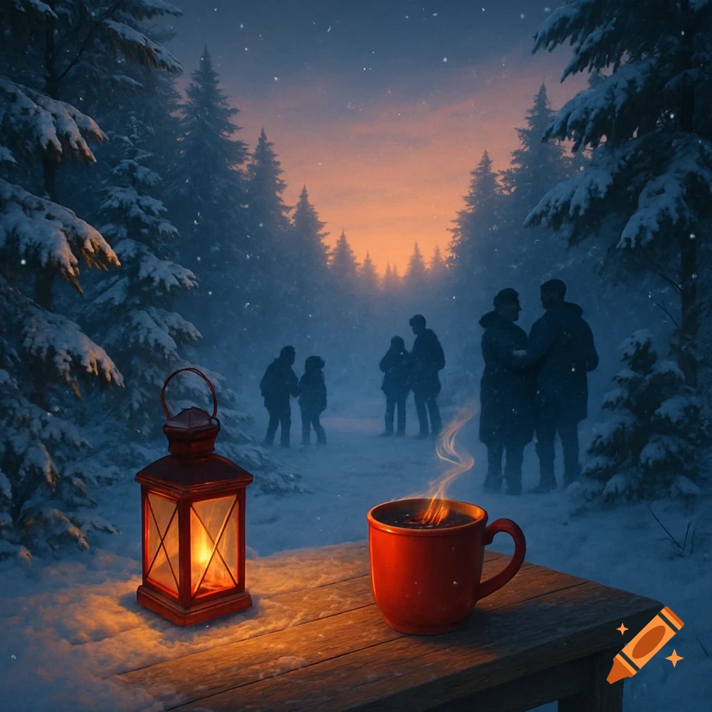 A glowing red lantern and steaming mug on a snowy wooden table in a winter forest at sunset, with silhouetted people in the background.