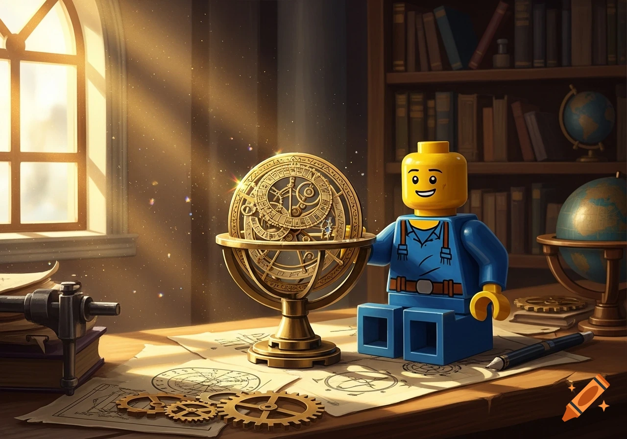 A Lego man in blue overalls stands next to a golden astrolabe on a cluttered wooden desk in a sunlit study, with books and blueprints.