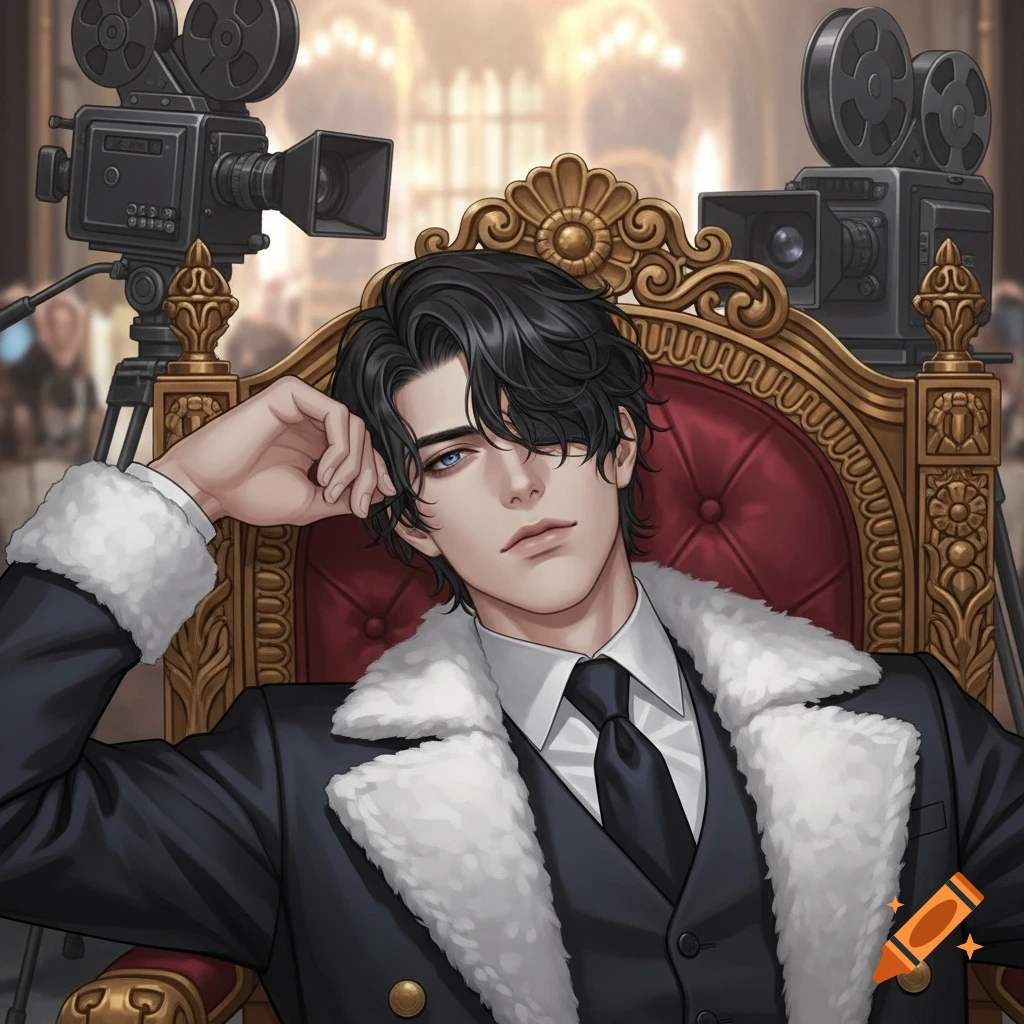 An anime man with wavy black hair and blue eyes sits on a red and gold throne-like chair, surrounded by vintage film cameras.