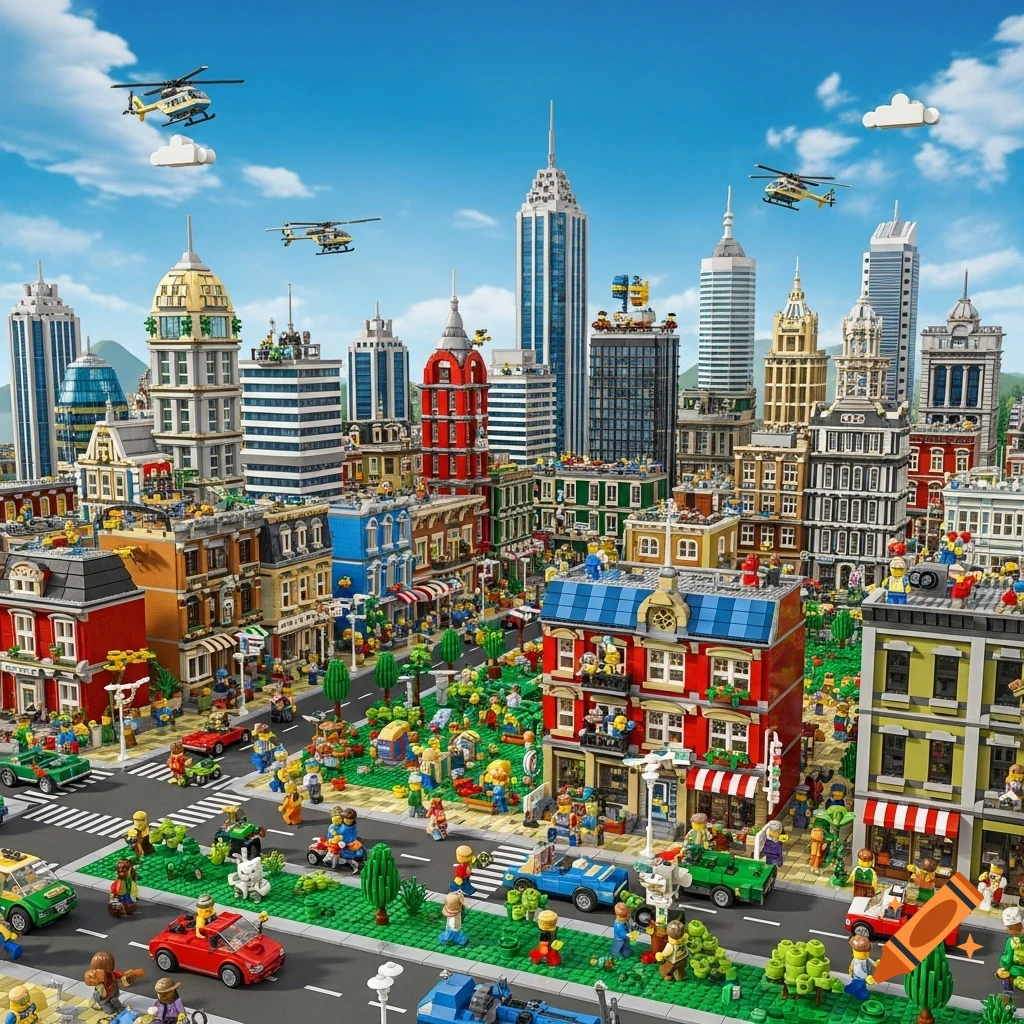 An expansive, detailed Lego city scene with numerous buildings, vehicles, minifigures, and two helicopters flying in a bright blue sky.