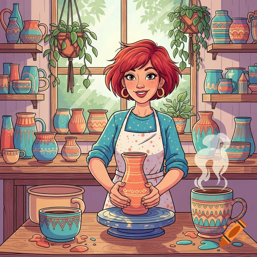 A cartoon red-haired woman smiles, crafting pottery in a studio with shelves of colorful ceramic pots and plants.