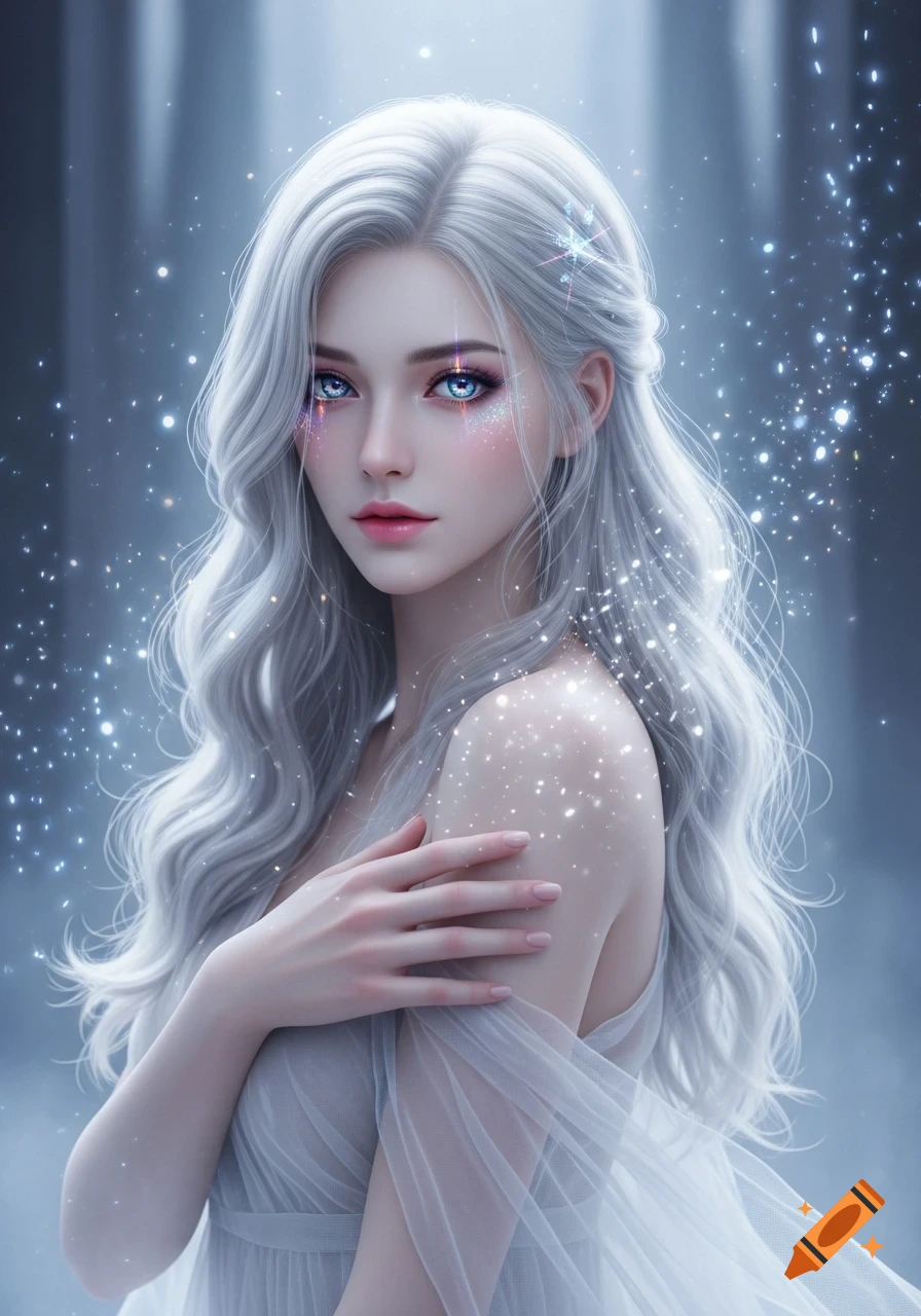 Photorealistic portrait of an ethereal woman with silver hair ...