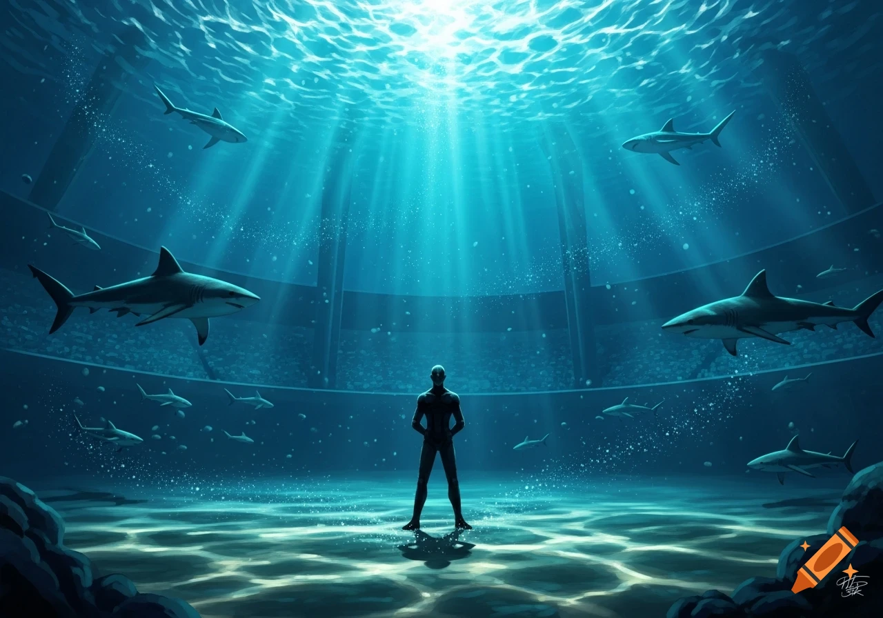 Digital art of a solitary figure standing in an underwater arena, surrounded by sharks, with light rays from the surface.