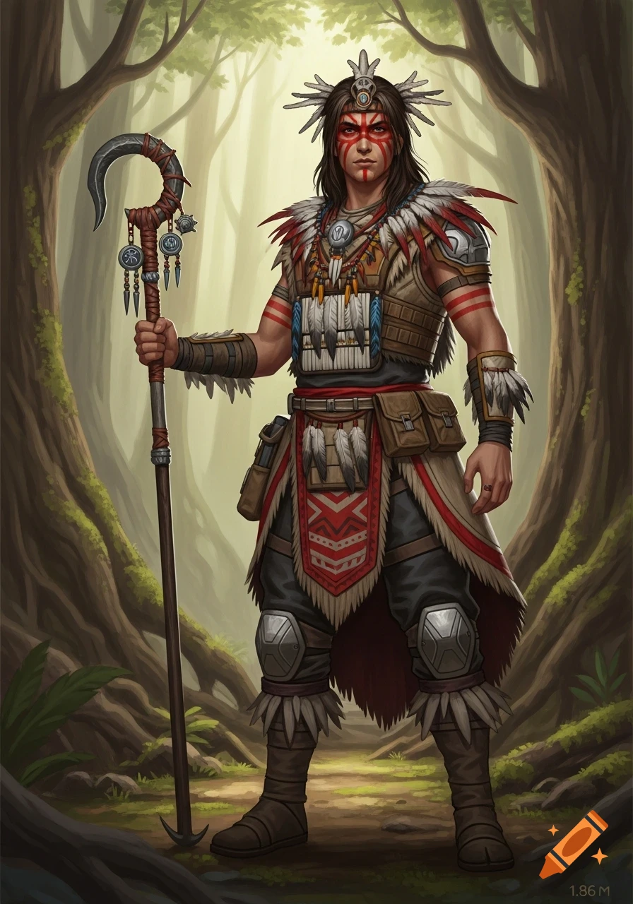 Realistic digital painting of a man in tribal attire with red face paint, holding a hook-shaped staff in a forest.