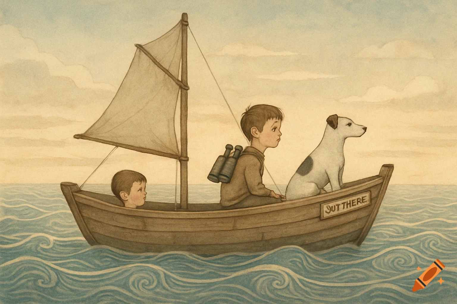 An illustration in a muted color palette depicts two boys and a white dog with a black spot sailing in a wooden boat on a wavy sea. The older boy wears binoculars on his back, and the boat has 'OUT THERE' on its side.