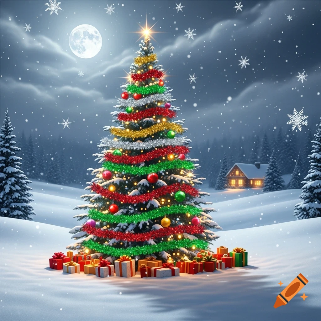 A vibrant Christmas tree adorned with colorful lights and tinsel stands in a snowy winter landscape with gifts, a full moon, and falling snowflakes.