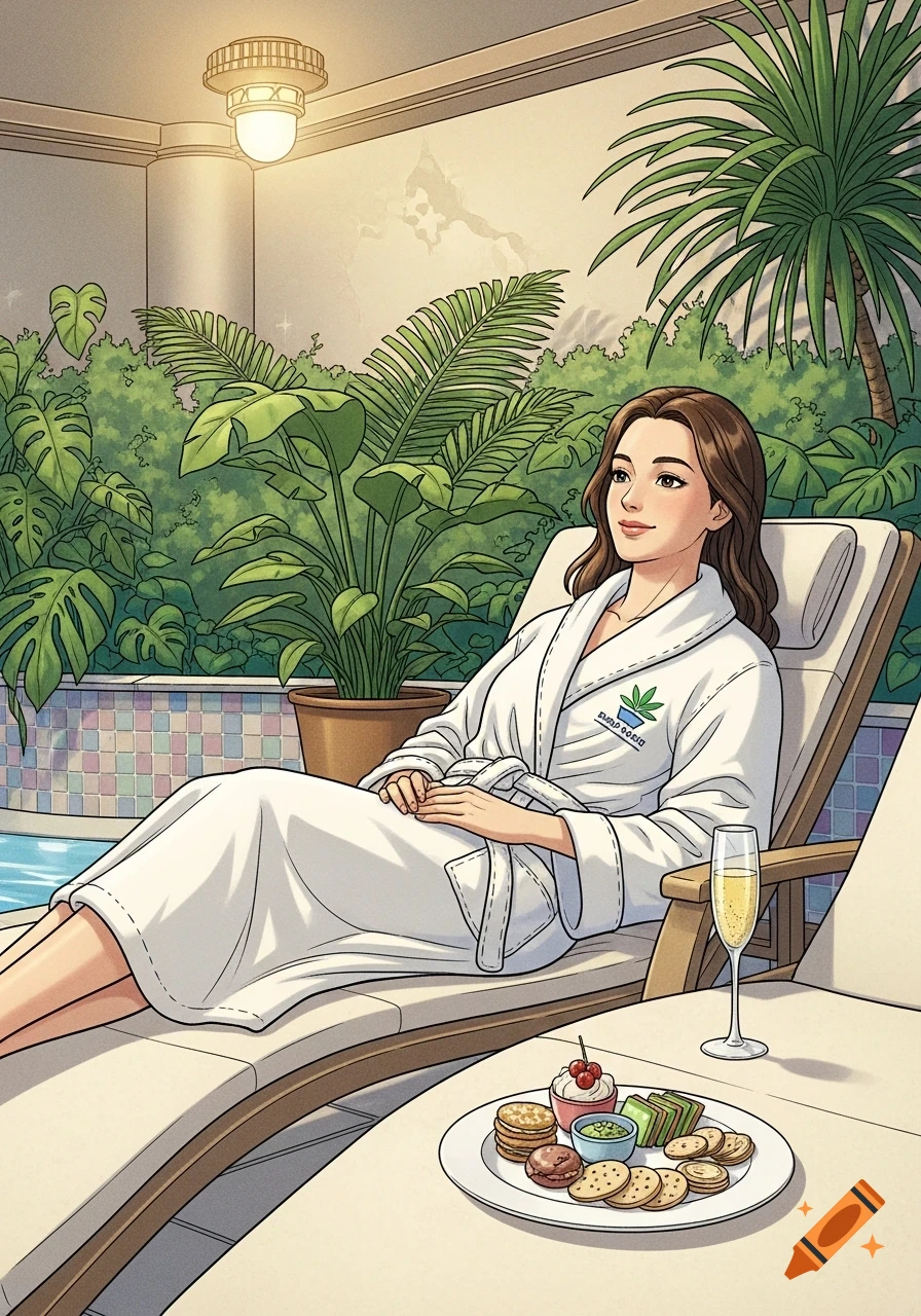 A woman in a white bathrobe relaxes on a lounge chair by a tiled pool in a lush, green wellness area, with snacks and champagne, in comic art style.