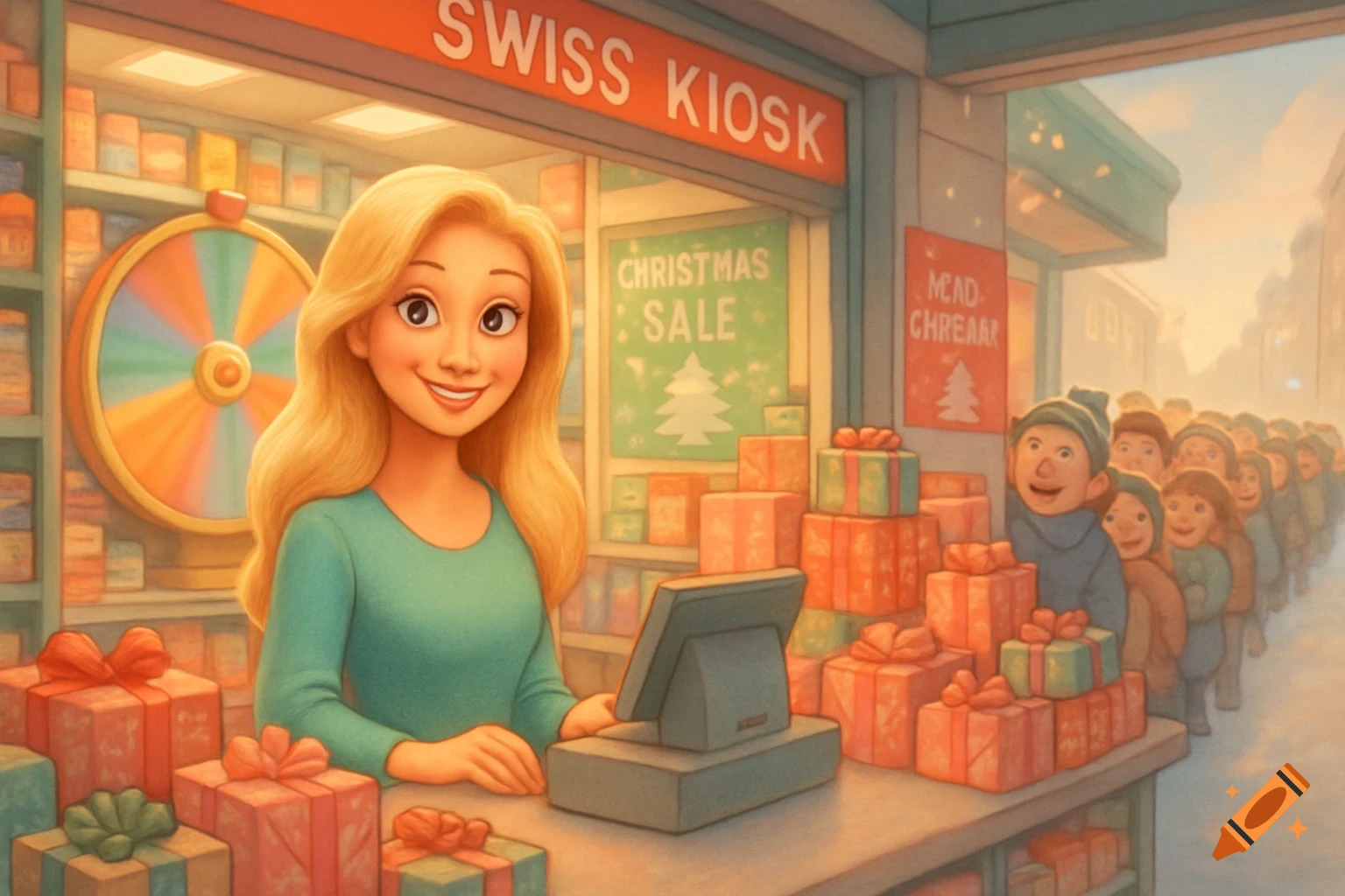 A blonde woman smiles behind the counter of a 'Swiss Kiosk' filled with gifts, advertising 'Christmas Sale'. A line of happy customers waits outside in the snow in a pastel Pixar-style illustration.