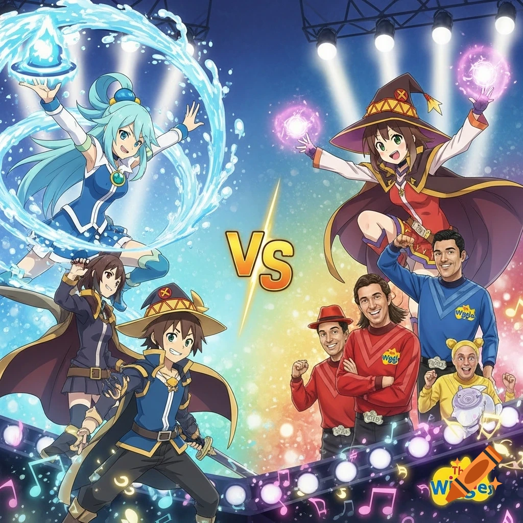 Anime characters from KonoSuba, including Aqua and Megumin, battle against members of The Wiggles on a stage, split by a 'VS' graphic.