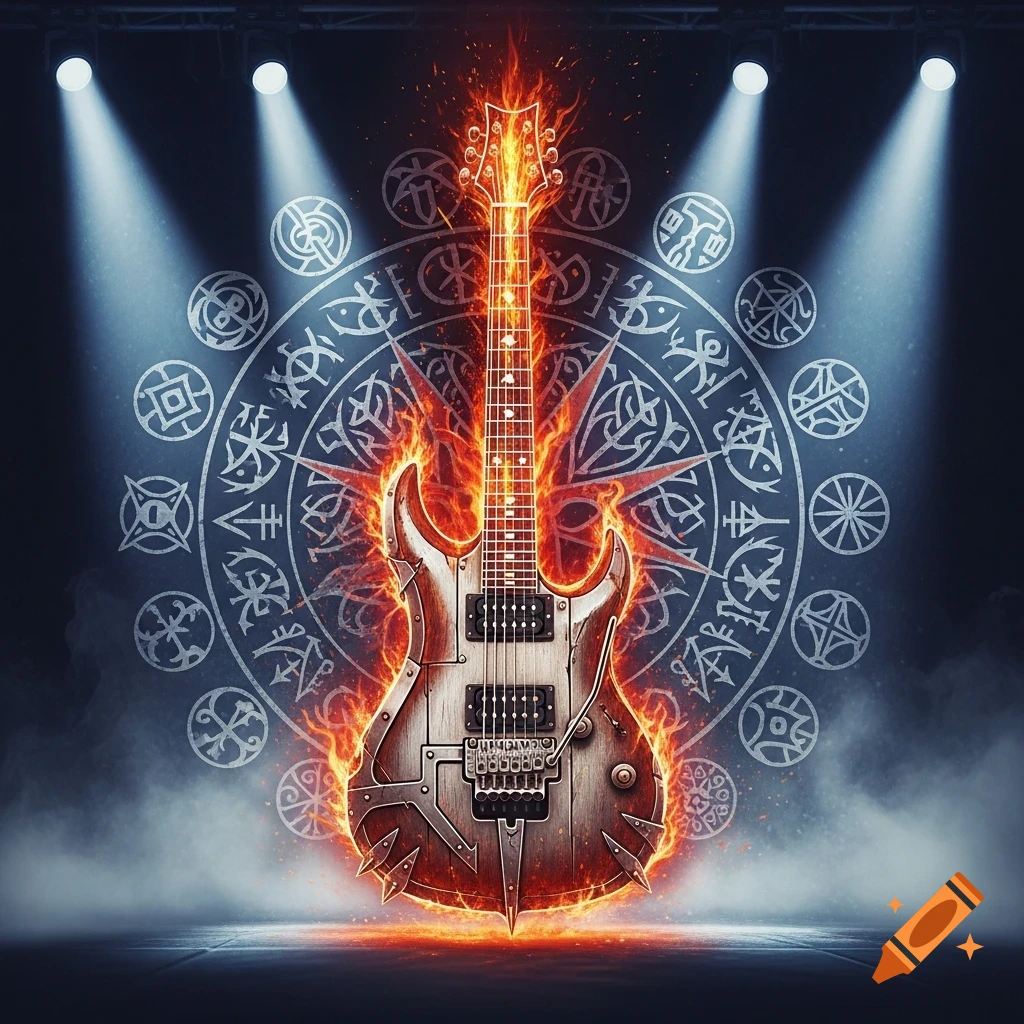 A fiery, ornate electric guitar stands on a smoky stage under bright spotlights, against a background of circular, mystical runes.