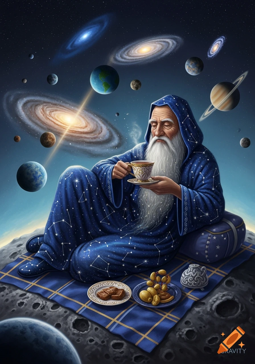 An old wizard in a starry blue robe sits on the moon, drinking tea, surrounded by planets and galaxies, having a cosmic picnic.