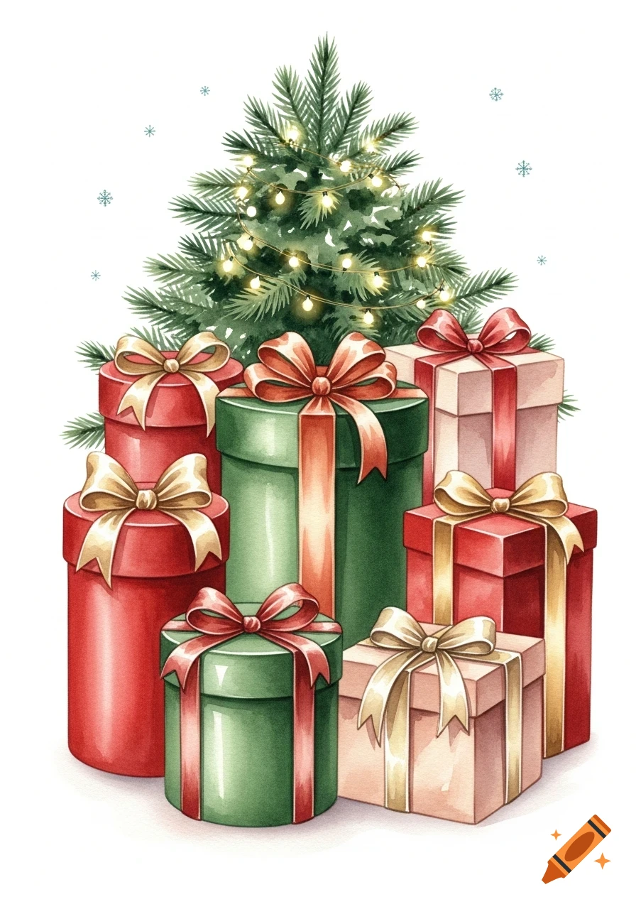 Watercolor illustration of a Christmas tree with lights, surrounded by red, green, and beige gift boxes with bows, against a white background.