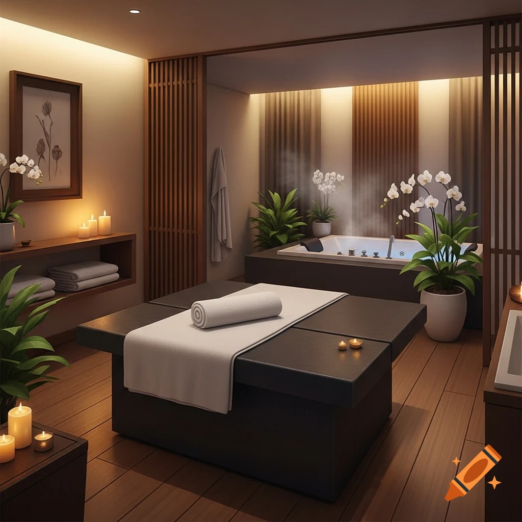 A serene spa room with a massage table, lit candles, green plants, and a steaming jacuzzi in a warm, inviting, photorealistic style.