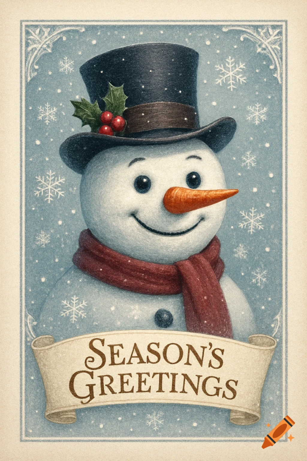 An illustrated holiday greeting card with a smiling snowman in a top hat and red scarf, surrounded by snowflakes. A banner reads 'SEASON'S GREETINGS'.