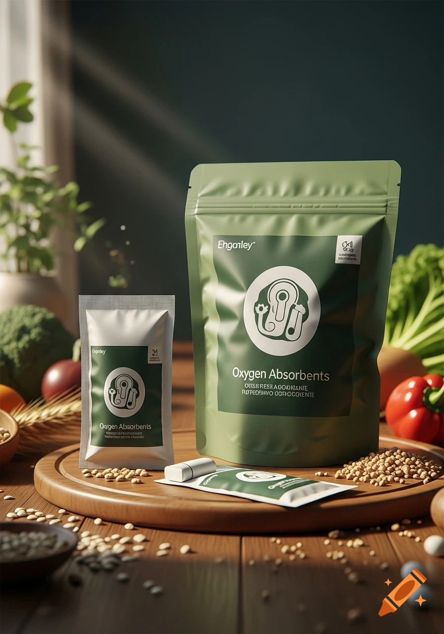 Photorealistic image of two green oxygen absorbent pouches, one large and one small, alongside a white pouch and a rolled packet, on a wooden board with scattered grains and vegetables in the background.