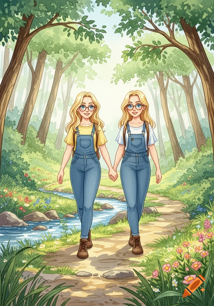 Two young blonde women in overalls and glasses hike hand-in-hand on a forest path next to a stream, in a watercolor style.