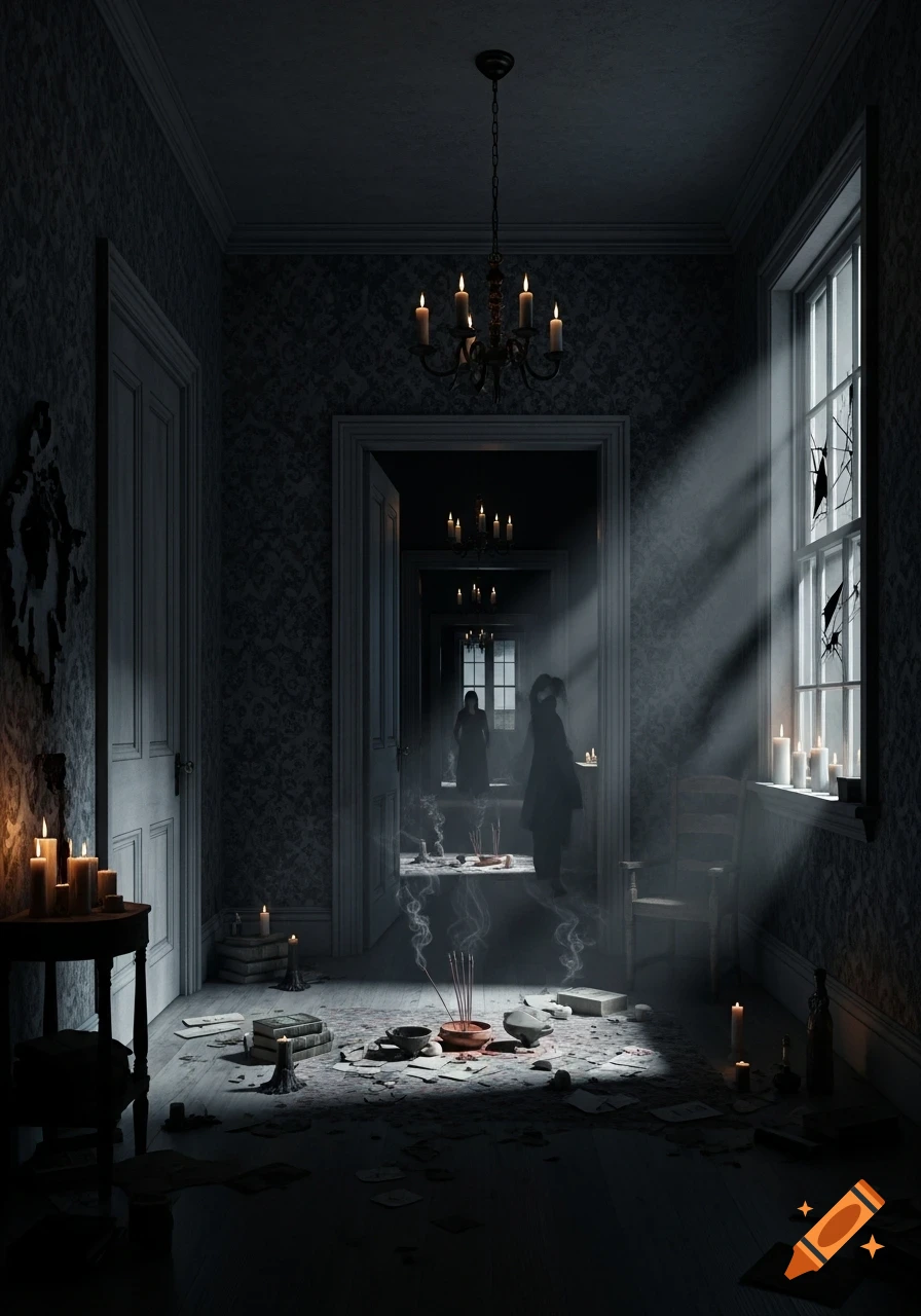 A dark, eerie hallway in a haunted house with sunlight streaming through broken windows, illuminating smoke from a ritualistic setting on the floor. Blurry figures are seen in the distance.
