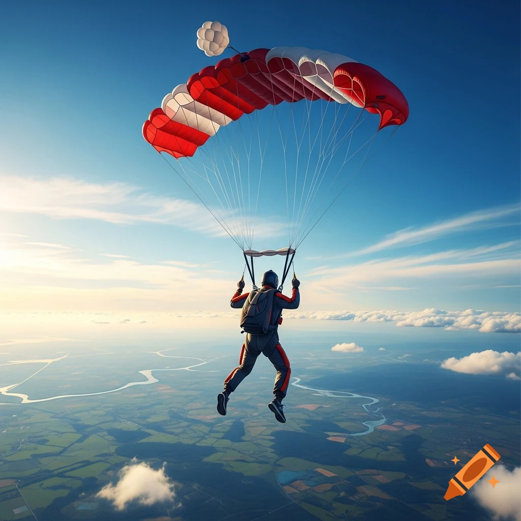 A person skydiving high above a green and blue landscape with rivers under a clear blue sky, viewed from behind.