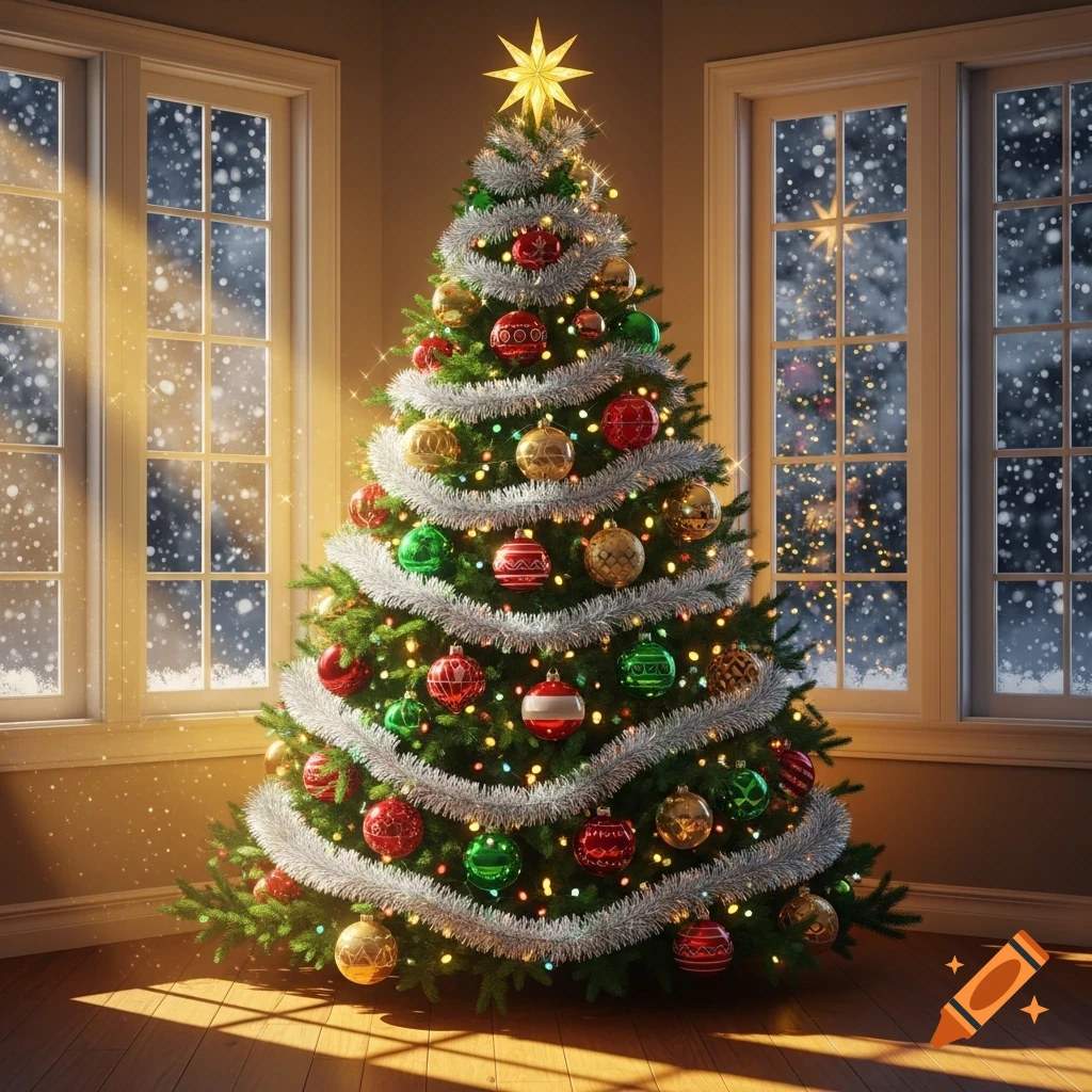 A beautifully decorated Christmas tree with colorful ornaments and tinsel stands in a warm room, viewed through snowy windows.