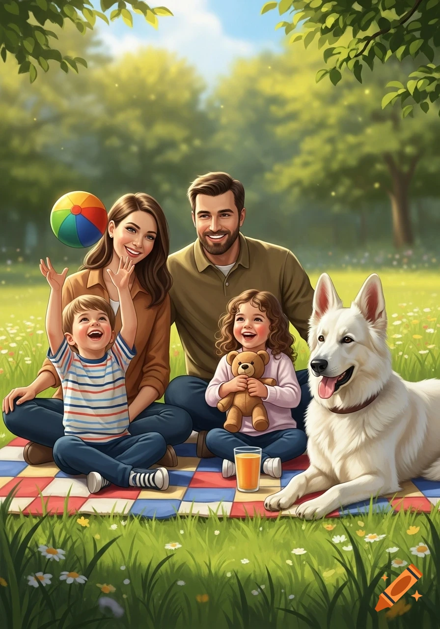 A happy family with a white dog enjoys a picnic on a colorful blanket in a sunny, green park, in a stylized illustration.
