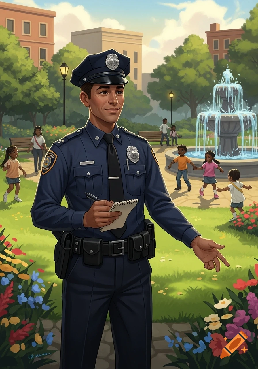 An illustration of a smiling police officer in uniform holding a notepad and gesturing in a sunny park where children play near a fountain.