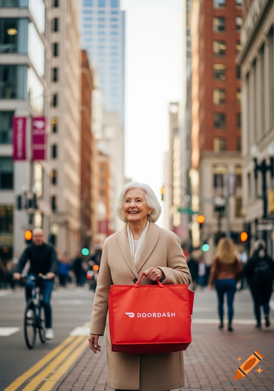 A smiling senior woman in a beige coat holds a red DoorDash bag while walking on a busy city street.