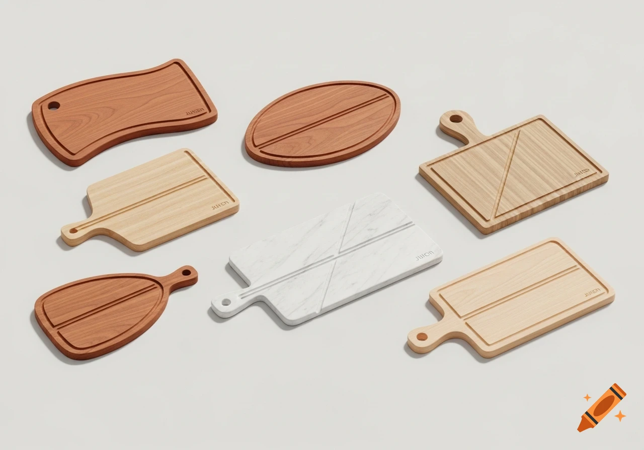 A flat lay arrangement of seven different wooden and marble cutting boards with juice grooves on a light background.