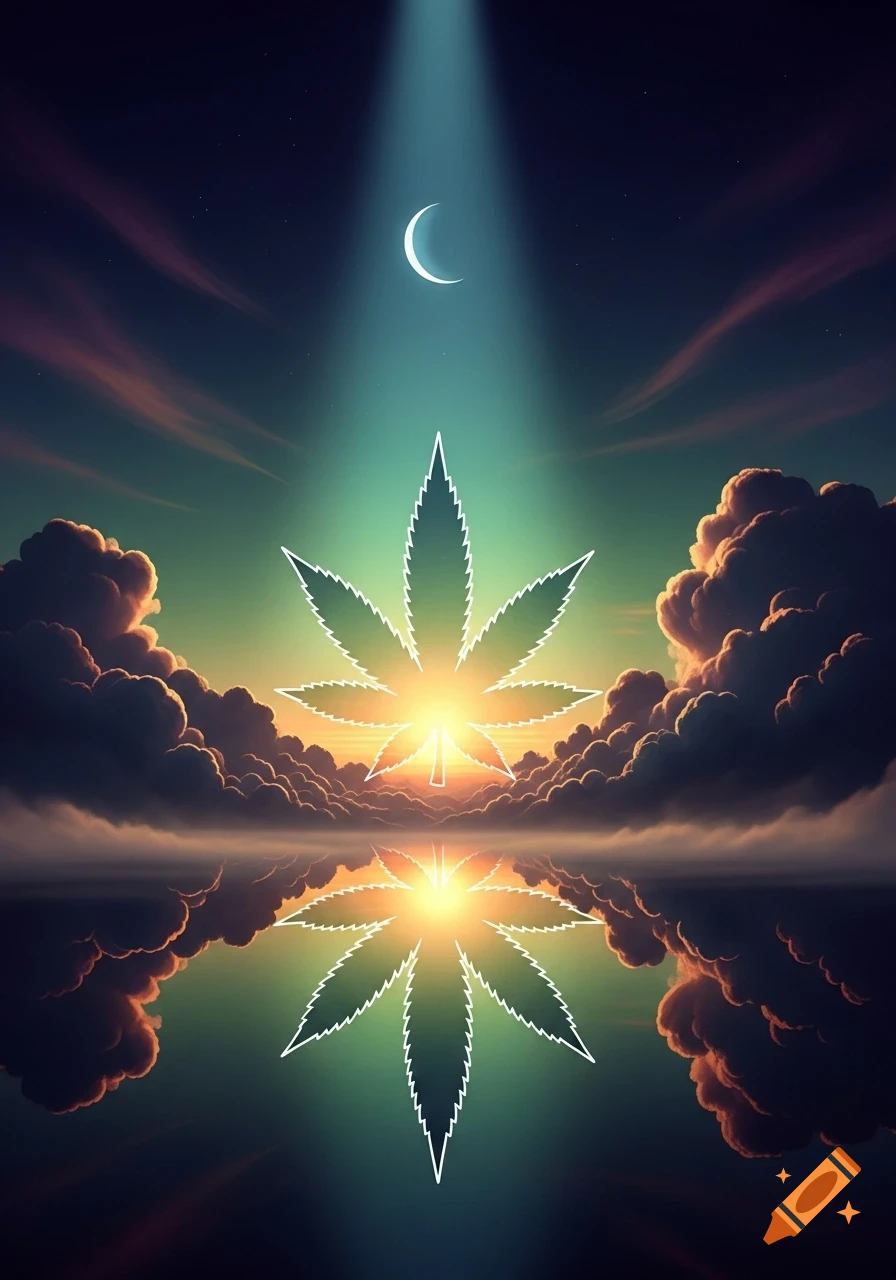 A glowing cannabis leaf outline at sunset over water, reflecting dramatic clouds and a crescent moon in a spotlight.
