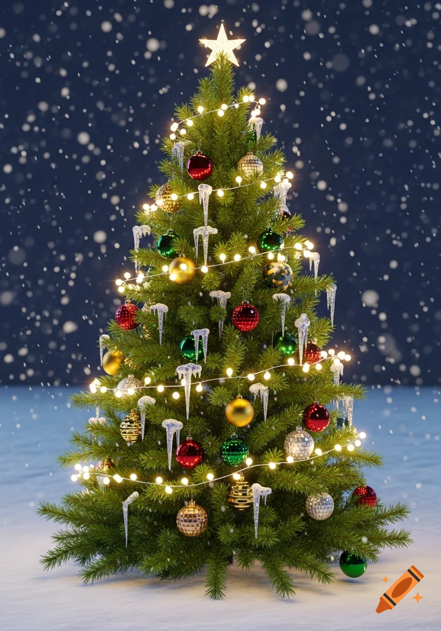 A brightly lit Christmas tree adorned with colorful ornaments, icicles, and a star topper, stands in a snowy landscape with falling snow.