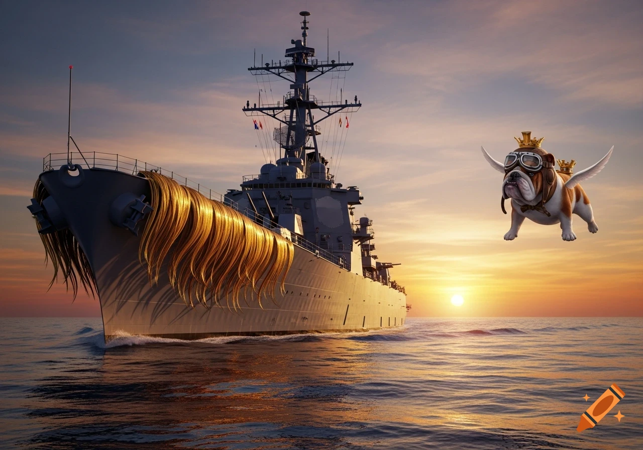 A warship with long blonde hair on its bow sails on a sunset ocean, with a flying bulldog in aviator goggles and a crown.