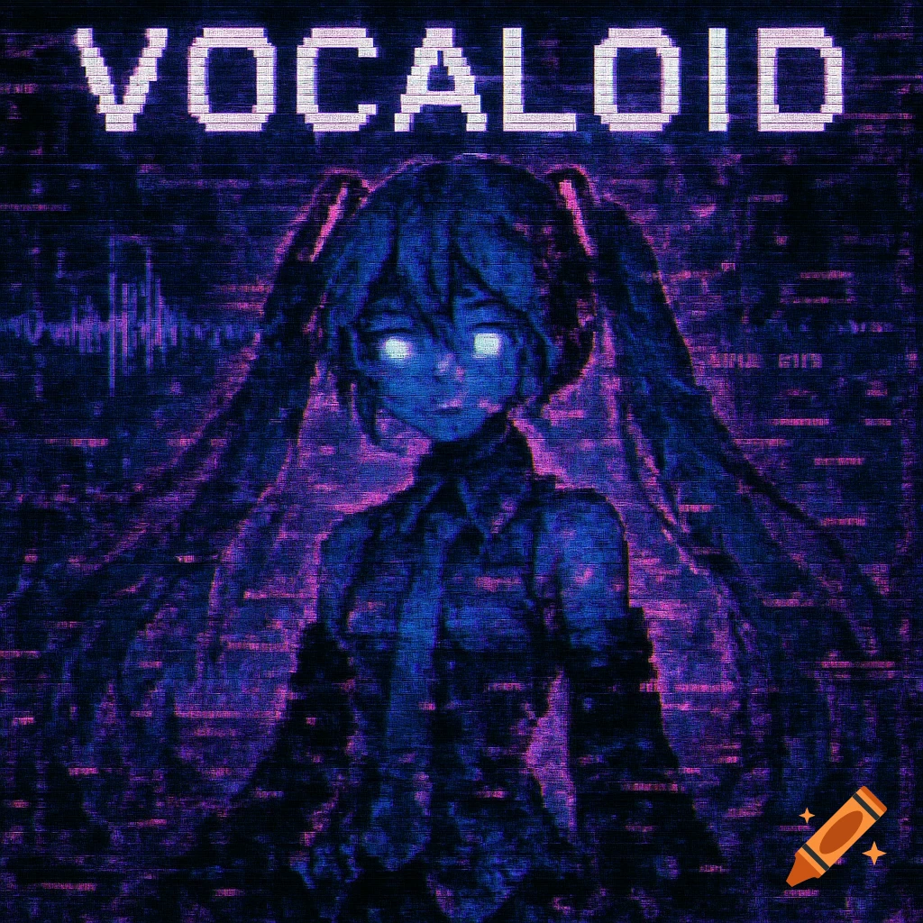 Glitchy pixel art album cover of an anime character with glowing eyes in dark purple and blue, with 'VOCALOID' text.