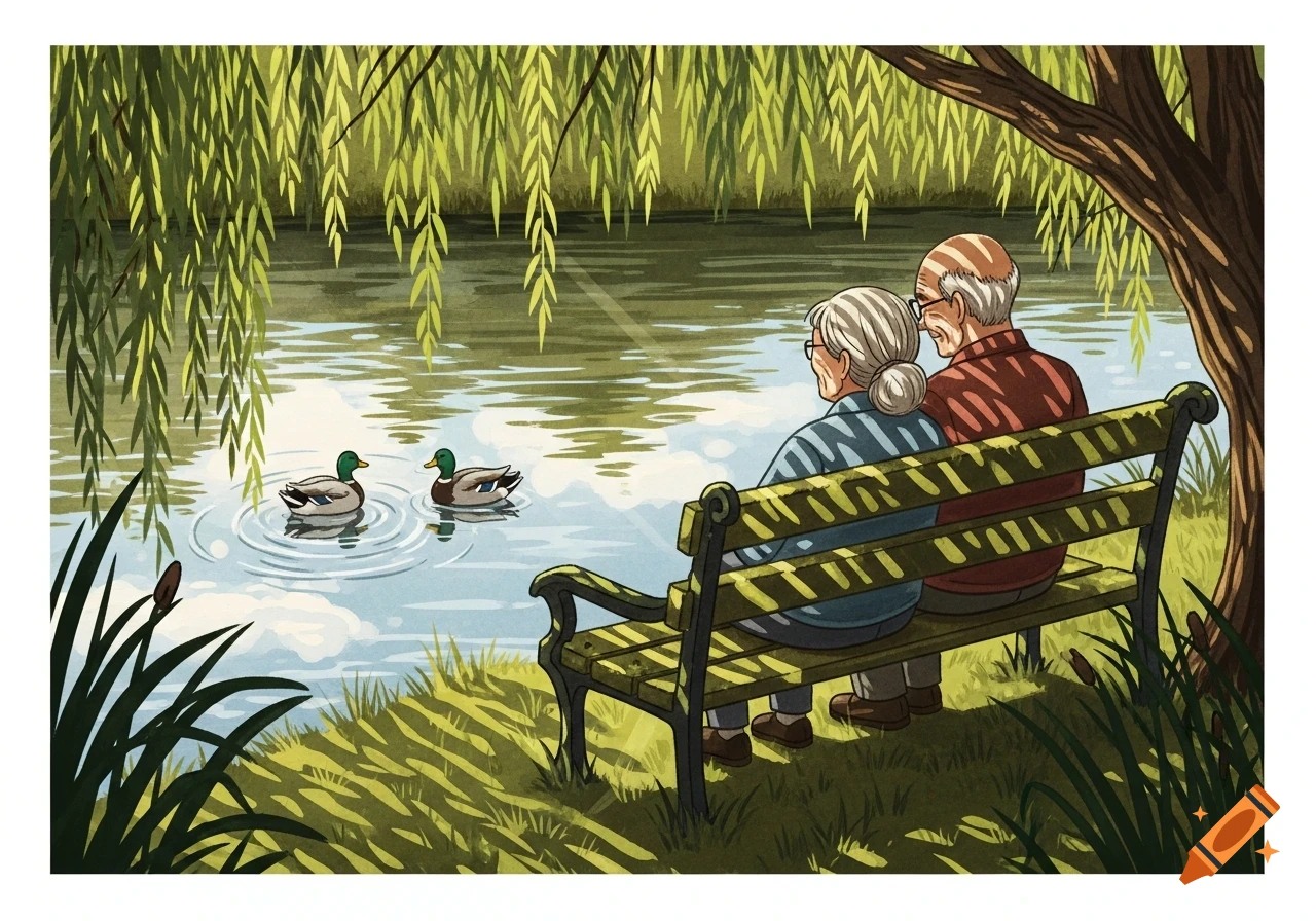 Illustration of an elderly couple sitting on a park bench, looking at two ducks swimming in a pond under a willow tree.