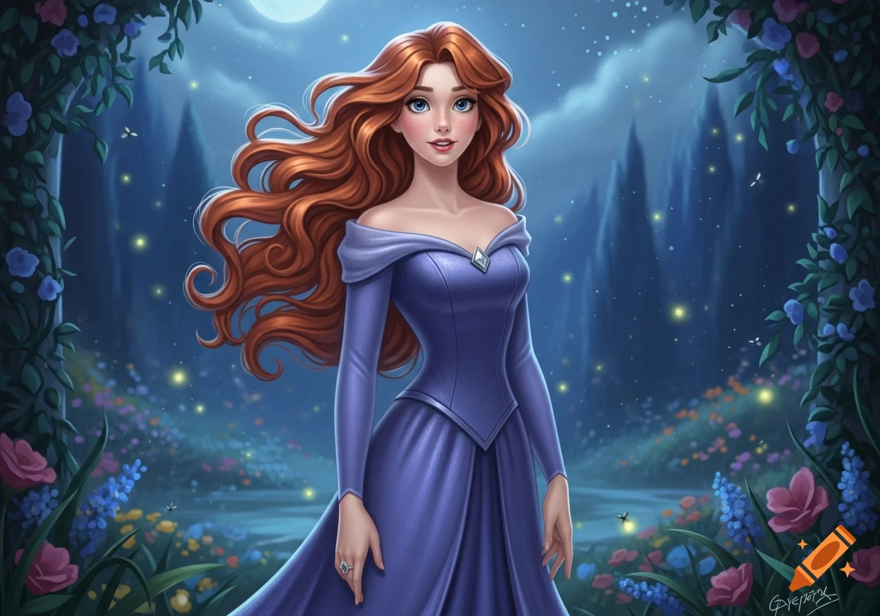 A long-haired princess with copper curls, light blue eyes, and fair skin stands in a violet-blue dress in a moonlit, magical garden with glowing fireflies.