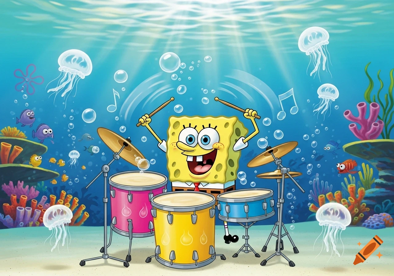 SpongeBob SquarePants happily plays a drum kit underwater, surrounded by jellyfish, fish, and coral in a vibrant cartoon style.