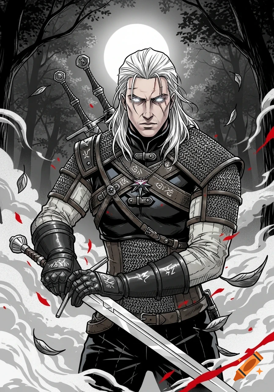 A manga-style illustration of Geralt of Rivia in armor, holding a sword, in a dark forest under a full moon with red accents.