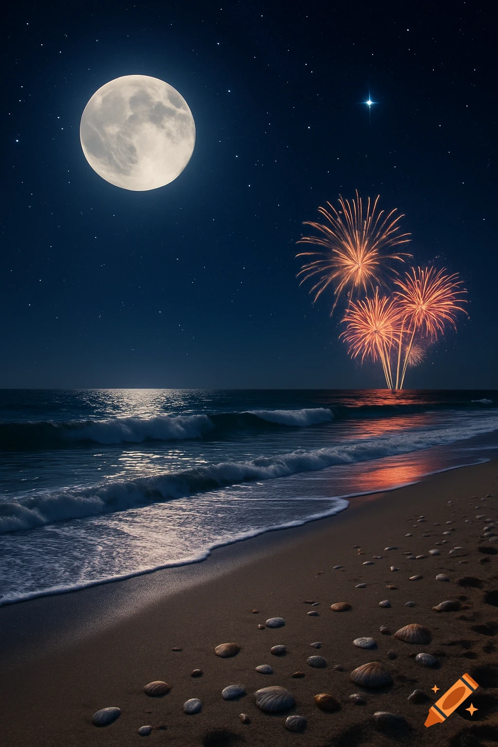A full moon illuminates a night beach with crashing waves, a starry sky, and colorful fireworks bursting over the ocean.