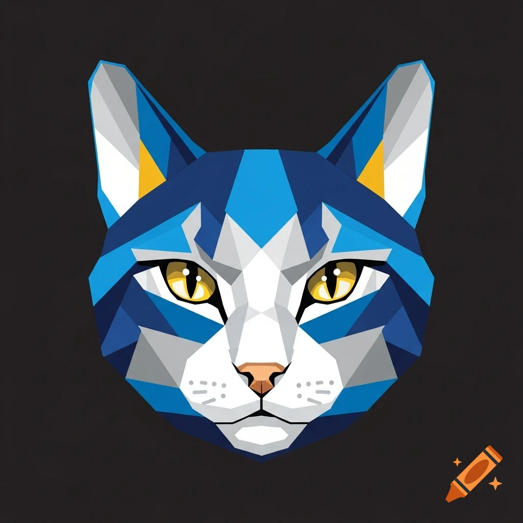 A geometric cat face with blue, white, grey, and gold angular shapes and yellow eyes, centered on a dark background.