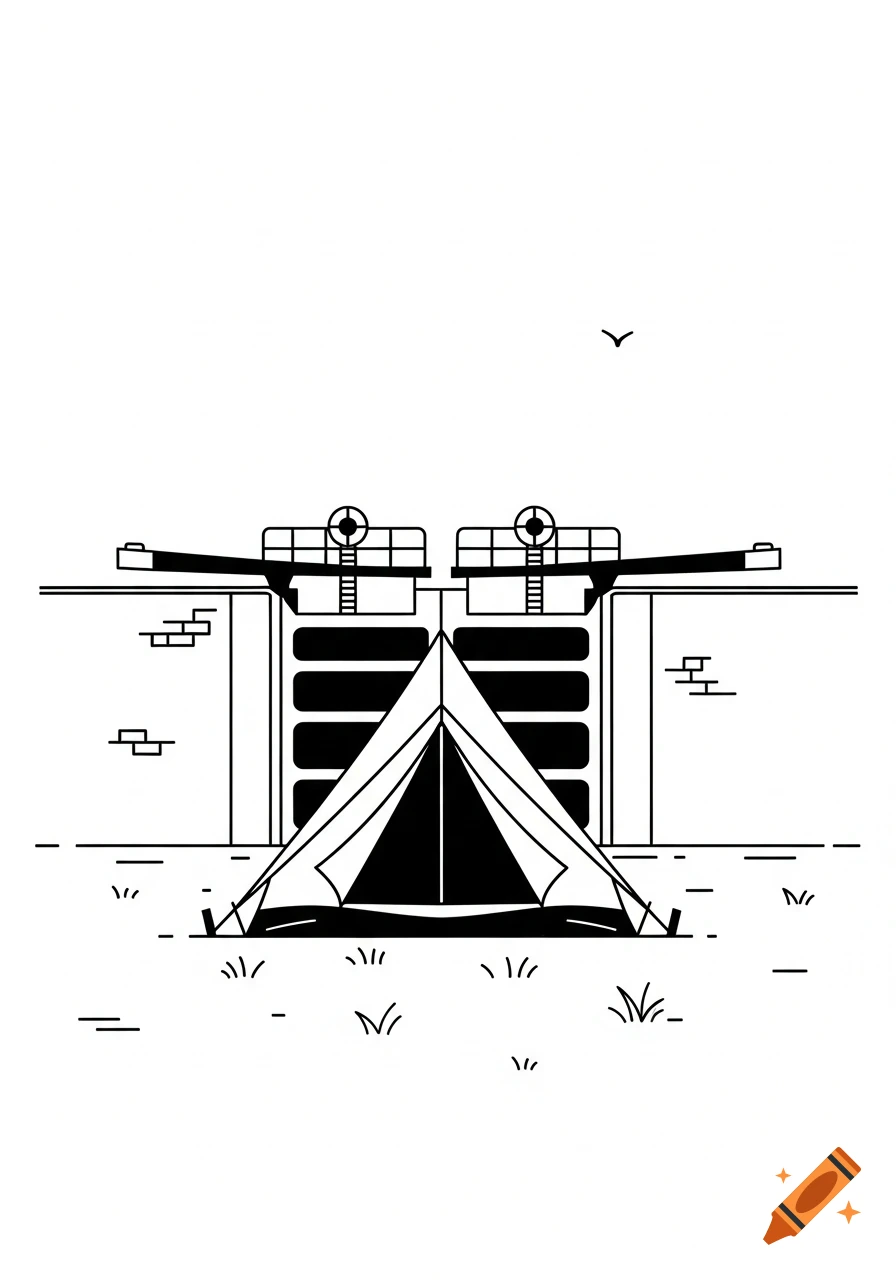 A minimalist black and white line drawing of a camping tent in front of a canal lock, with a small bird in the sky.